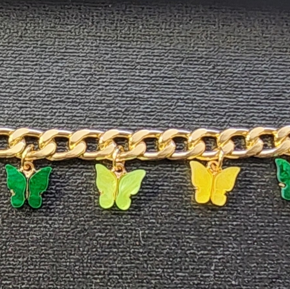 Hand Crafted Gold Chain and Green-Yellow Butterfly Charms - Picture 4 of 10
